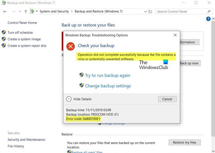 Erreur de sauvegarde Windows 0x800700E1, l’opération ne s’est pas terminée avec succès