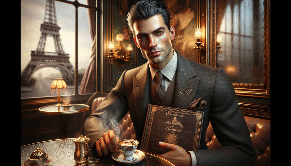 Personnage Français célèbre posant dans café parisien vintage.