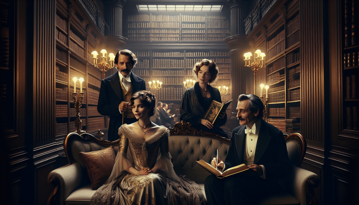 Célébrités en I réunies sur un sofa de bibliothèque avec ambiance chaleureuse.