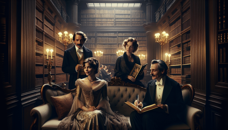 Célébrités en I réunies sur un sofa de bibliothèque avec ambiance chaleureuse.