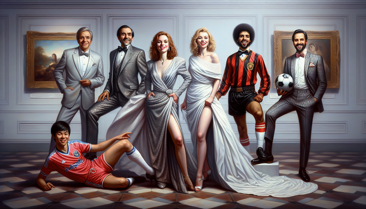Célébrités Madonna, Michael Jackson, Marilyn Monroe et Messi dans une galerie d'art.