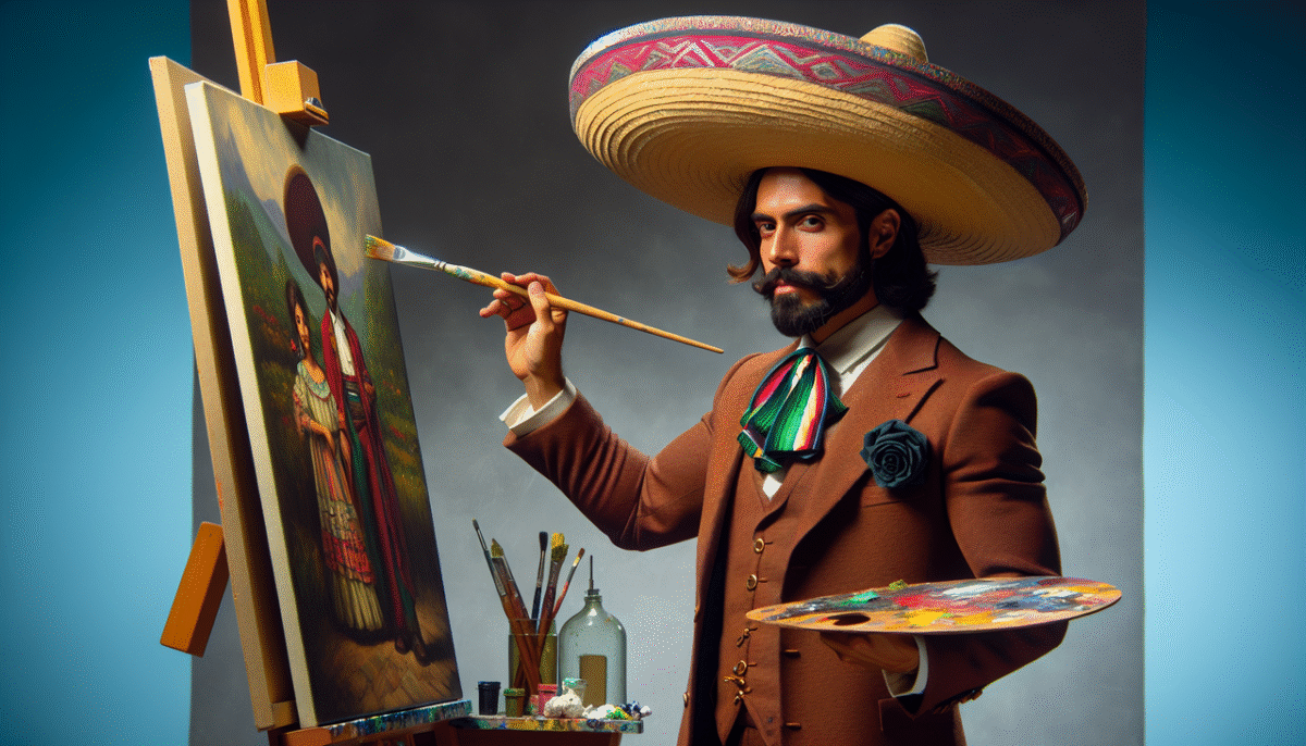 Portrait de l'acteur Anthony Quinn peignant avec un sourire serein, vêtu d'un sombrero, dans un studio artistique lumineux.