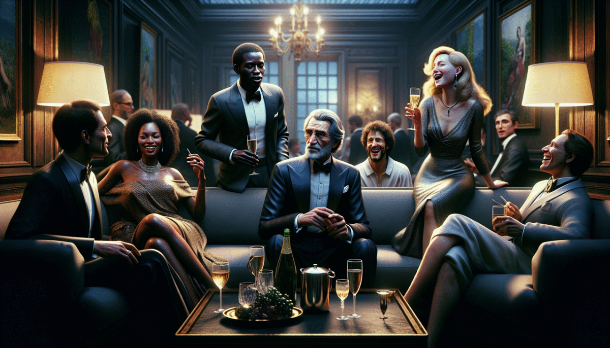 Célébrités R : Roberto Benigni, Roman Polanski, Rihanna, Rami Malek, Rosamund Pike dans un salon élégant.