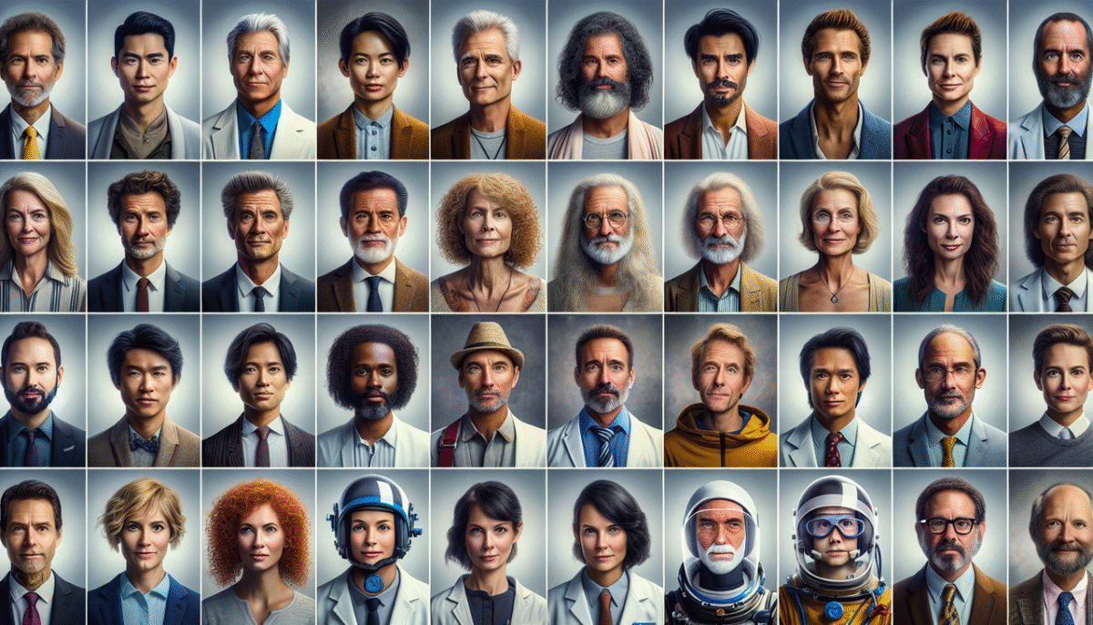 Créer une mosaïque hyper-réaliste de célébrités commençant par S, éclairage naturel, fond neutre.