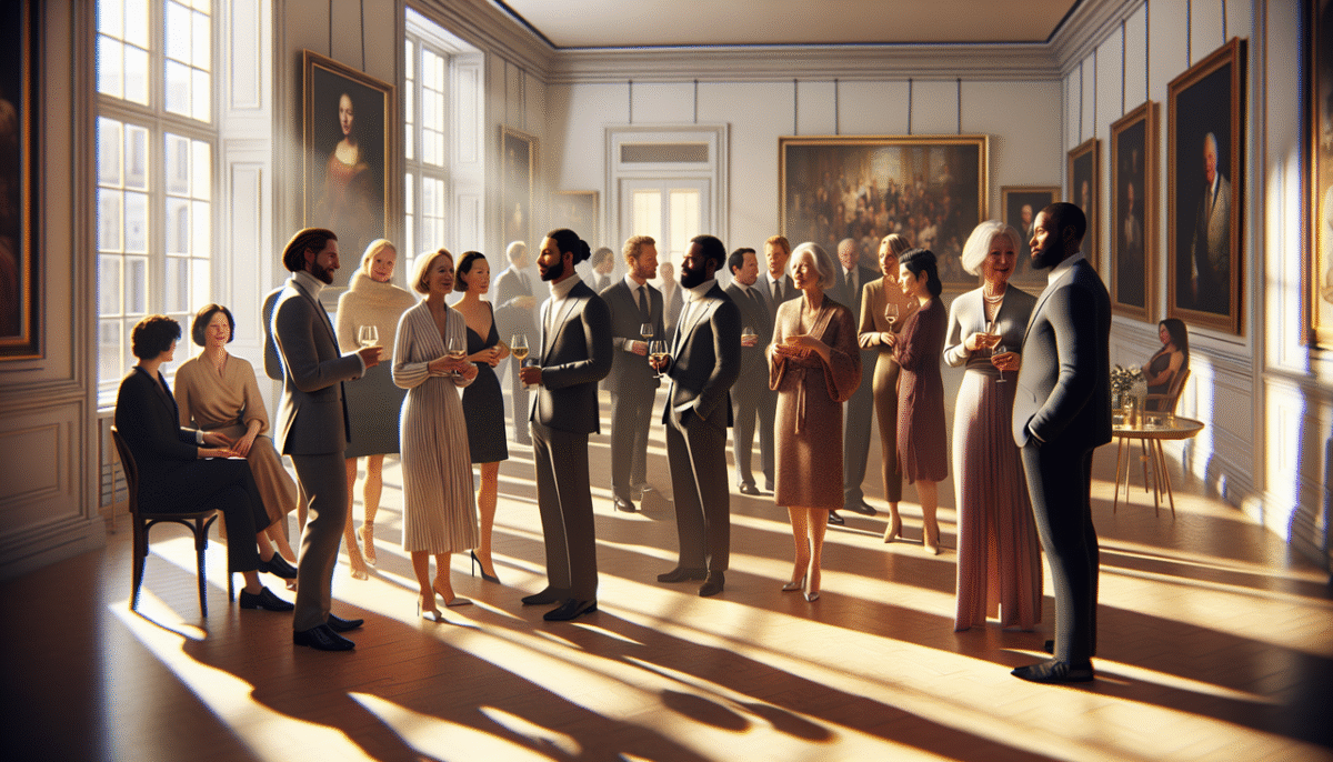 Célébrité en W en groupe dans une galerie d'art, ambiance sophistiquée et mode.