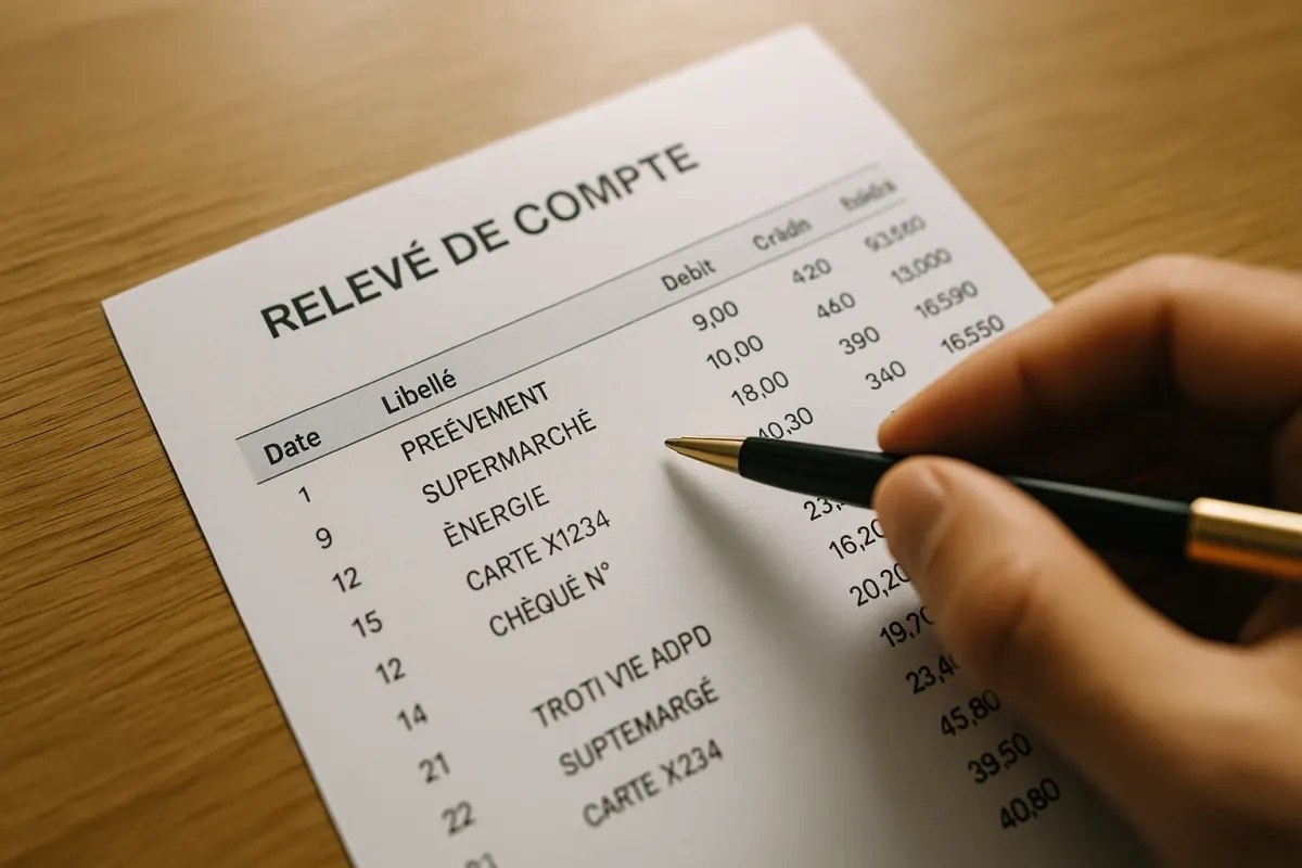 Relevé bancaire annoté avec un prélèvement non reconnu et un stylo posé à côté